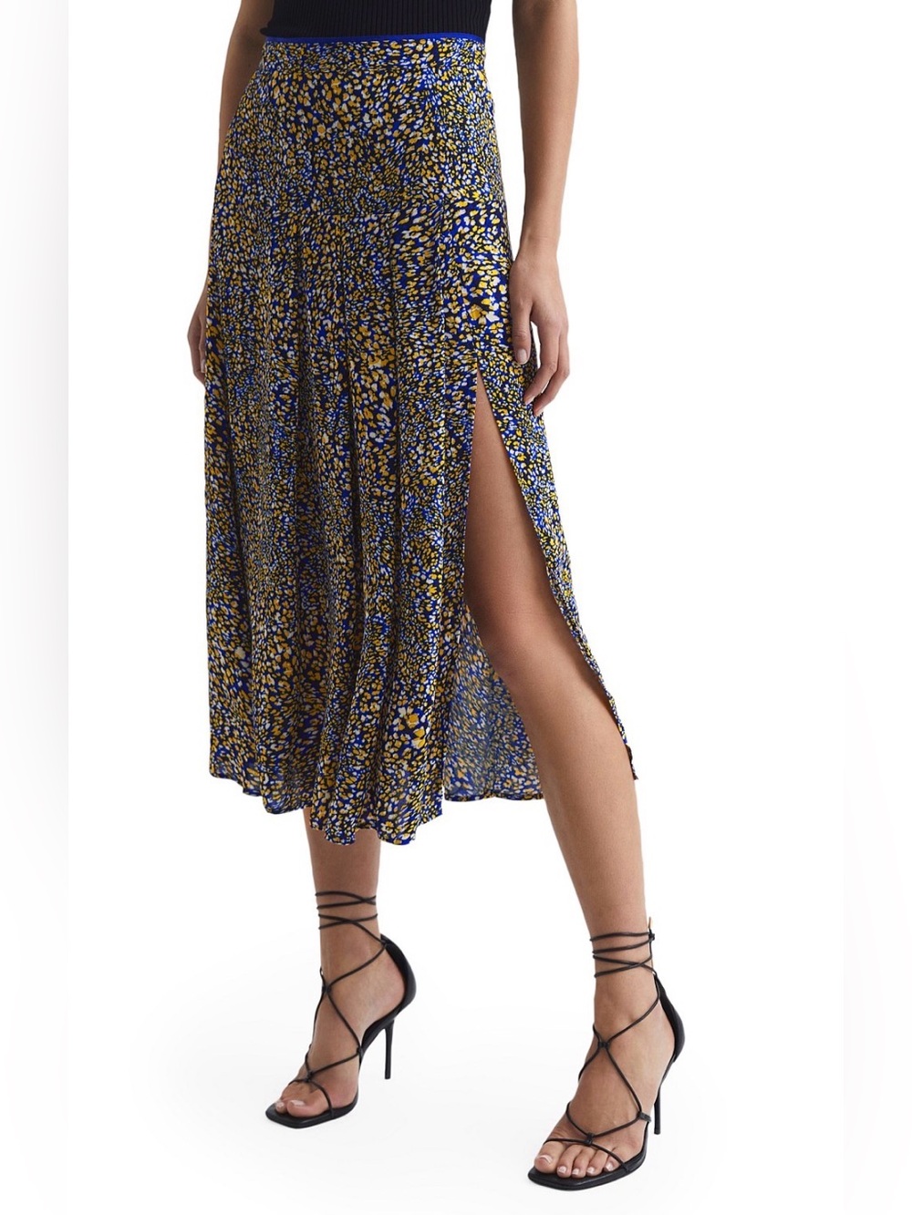 Reiss Floral Split Midi Skirt in Blue and Yellow